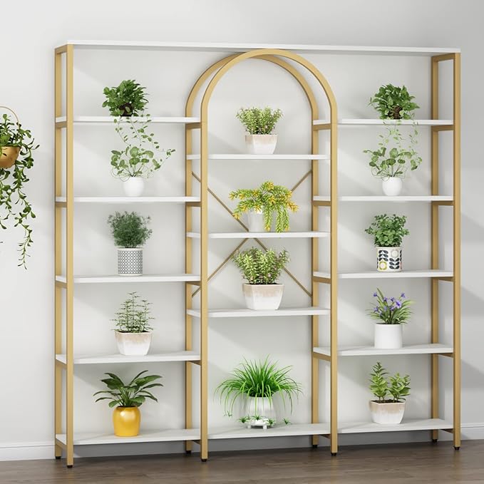 Auromie Triple Wide Gold Bookshelf, 70.87" W x 71.34" H Large Modern Etagere Bookcase, Tall Display Shelf with 13-Tier Open Shelves, Freestanding Staggered Storage Shelf for Home Office, White/Gold