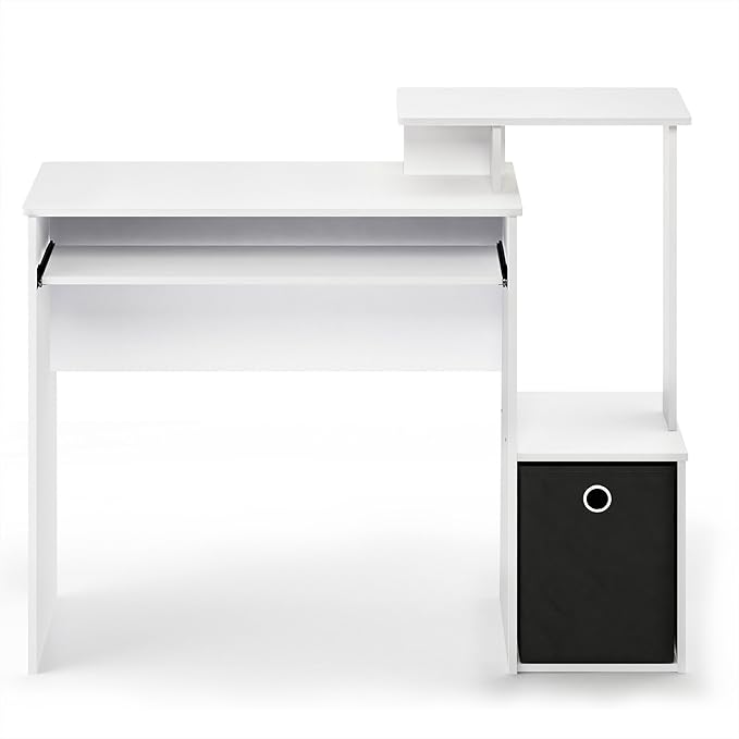 Furinno ECON Desk, 40" Wide Gaming Desk with Keyboard Tray, Computer Desk, Office Desk with Side Shelves and Storage Bin for Home Office, Plain White