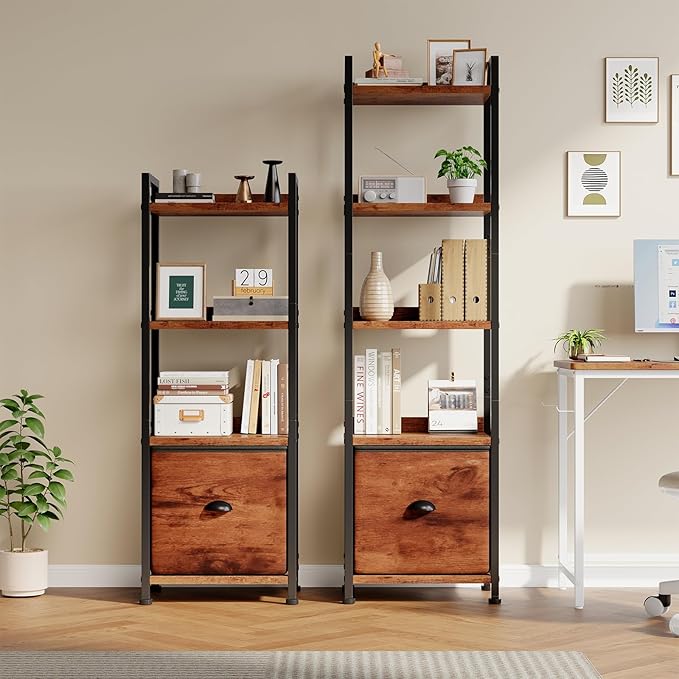 DUMOS 5 Tier Bookshelf, Bookcase with Fabric Drawer, Multi-Functional Display Standing Shelf for CDs/Books/Movies, Wood and Metal Storage Organizer in Bedroom, Living Room and Closet, Rustic Brown
