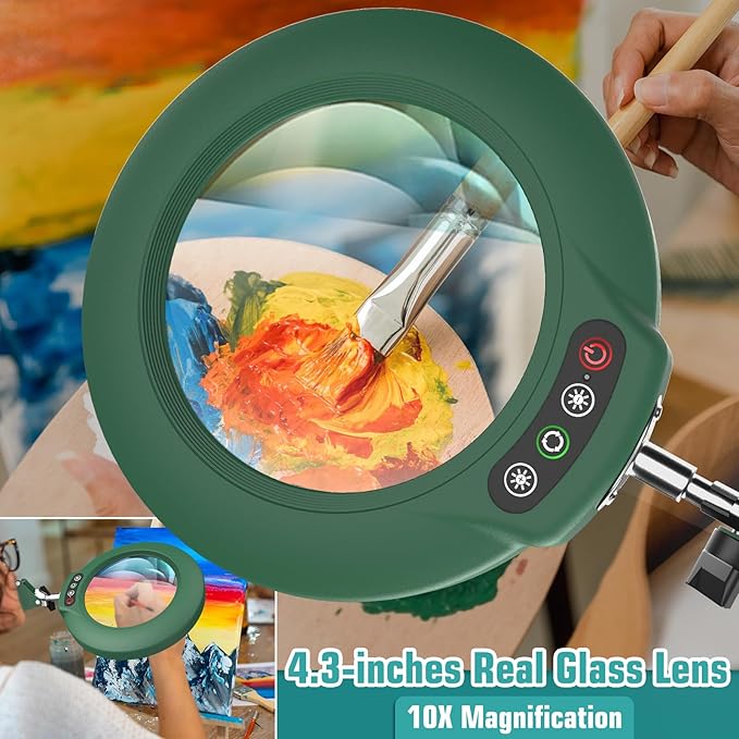 10X Magnifying Glass with Light and Stand, Real Glass Lens (Not Acrylic), 5 Color Modes, Stepless Dimmable, LED 3-in-1 Floor Lamp, Swing Arm with Clamp, Lighted Magnifier Hands Free for Crafts - Green