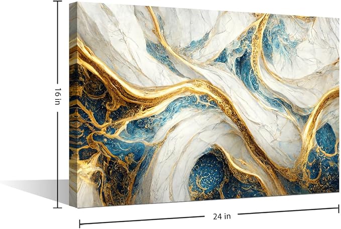 Abstract Canvas Wall Art Decor Blue Gold and White Colors Marble Art Poster Prints Modern 1 Panel Canvas Wall Artwork for Native Americans Living Room Home Decor Stretched Ready to Hang 24x16 in
