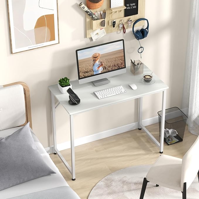 Giantex 40-Inch White Computer Desk, Home Office Desk with Heavy-Duty Metal Frame, Modern Simple Gaming Table PC Workstation, Versatile Small Desk for Bedroom, Small Spaces