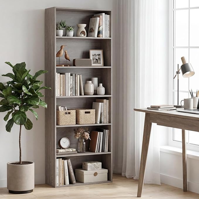 Tangkula 6-Tier Bookcase, 70” Tall Freestanding Bookshelf with 6 Open Shelves, Anti-Toppling Kits, Floor Display Storage Organizer for Living Room, Study, Kitchen, Home & Office (Gray, 70" H)