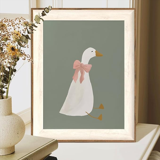 ASTRDECOR Silly Goose Wall Art, Cute Goose Print with Coquette Pink Bow, Farm Animal Canvas Poster for Bedroom, Nursery, Apartment, Aesthetic Animal Decor, Funny Goose Artwork, 12x16 Inch Print