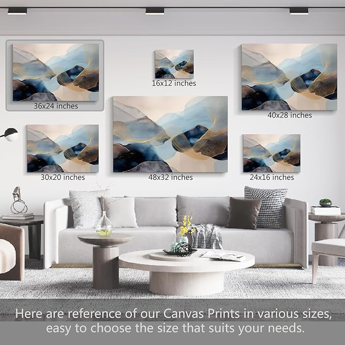 gaosoul Modern Blue Abstract Canvas Wall Art Oil Painting Giclee Print of Flowing Azure Textures Delicate Gold Filigree Soft Color Transitions Minimalism Artwork for Home Office Decor Framed 36x24in