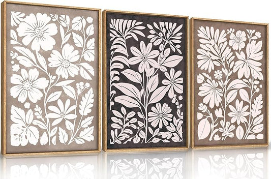 HLNIUC Black Brown Botanical Flower Wall Art Framed, Neutral Minimalist Wildflower Wall Decor set of 3 (24"x36"), Rustic Farmhouse Grey Canvas Painting, Nature Prints for Living Room, Bedroom, Office