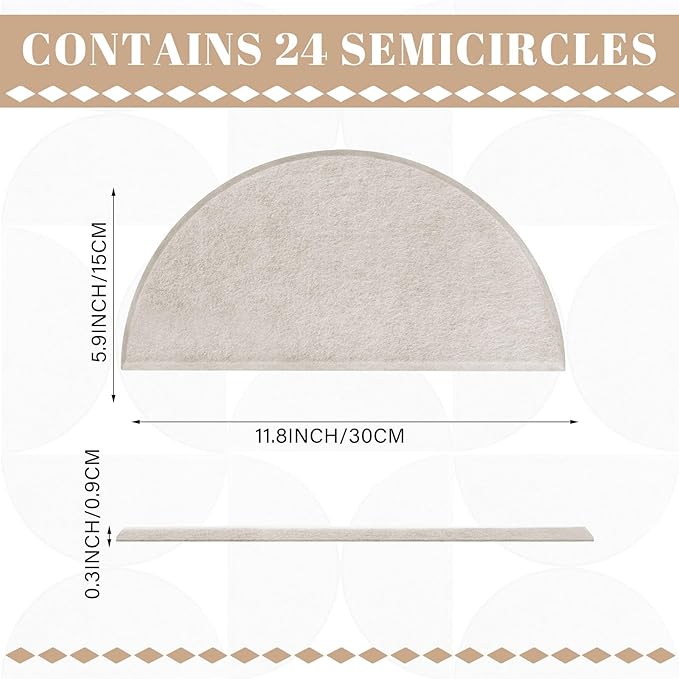 12 Pack Decorative Bulletin Board Felt Wall Tiles Bulk 11.8"x5.9" Semi-Circle Large Wall Art with Removable Adhesive Tabs for Customizable DIY Home Office Decoration Gift (White)