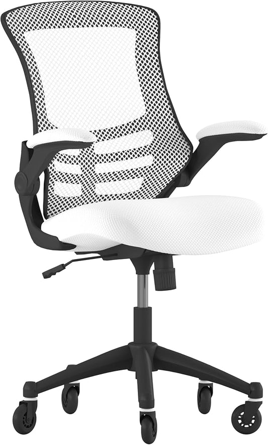 Flash Furniture Kelista Mid-Back White Mesh Swivel Ergonomic Task Office Chair with Flip-Up Arms and Transparent Roller Wheels