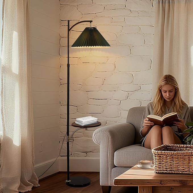 Floor Lamp with Table for Living Room, Tall Standing Lamps with Shelves, Height Adjustable Lamp Table Combo, Dimmable Corner Rustic Lamps with Tray for Bedroom Office, Bulb Included (Pleated Green)