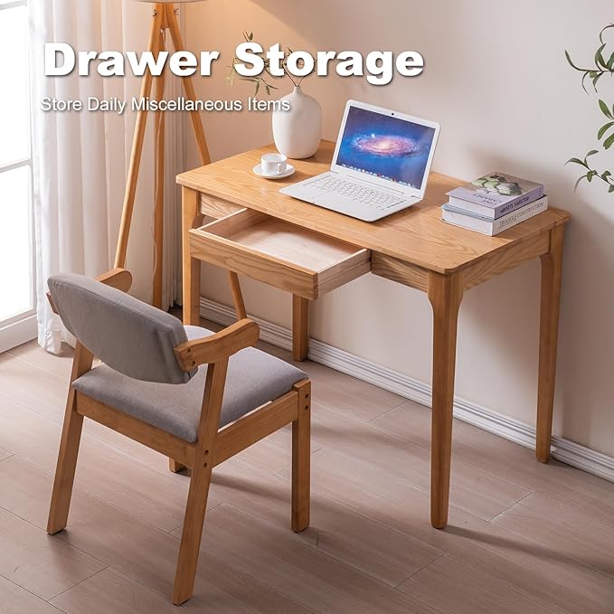 Solid Wood Desk with Drawers, Home Office Desk for Small Spaces, Gaming Work Study Desk, Student PC Desk for Bedroom, Easy to Assemble (Wood Color, 31.5 inch)