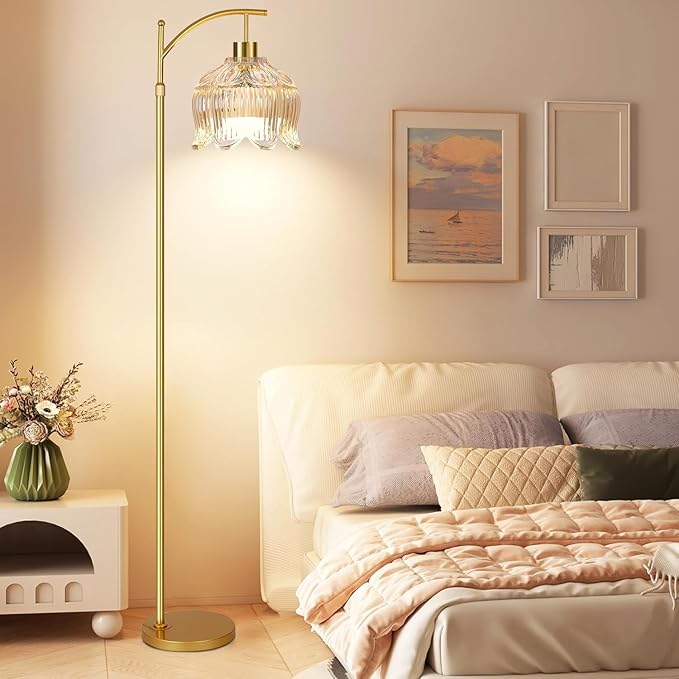 Flower Floor Lamp for Living Room,Bedroom,Gold Dimmable Standing Lamp with Remote,Glass Mid Century Modern Brass Tall Lamp Boho Floor Lamps Arc Stained Floor Light Lamp Bohemian