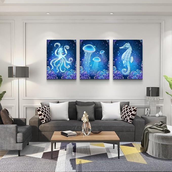 Lapremoly Framed Wall Decor for Living Room Wall Art Paintings For Bedroom Ready To Hang Bathroom Wall Pictures Modern Home Decoration Artworks Blue Ocean Animal Seascape Canvas Prints 3 Pieces