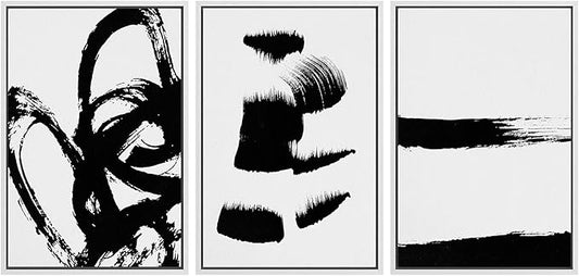 SIGNWIN Framed Wall Art Print Set Grunge Style Black & White Paint Strokes Abstract Shapes Illustrations Modern Art Bohemian Group Dramatic Grey for Living Room, Bedroom, Office - 24"x36"x3 White