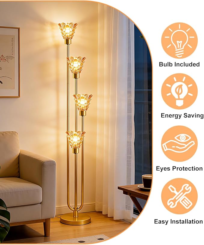 Lightdot Amber Glass Floor Lamp Dimmable 4-Lights Gold with Glass Shade 3000K Bulbs Included Mid Century Modern Standing Tall Lamp for Living Room/Bedroom/Sofa Beside/Corner Decor