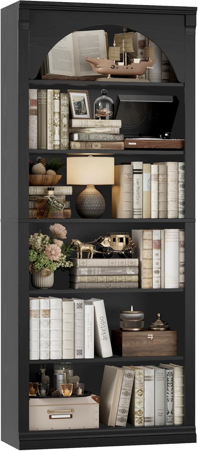 FACBOTALL 73" Tall Arched Bookcase and Bookshelf, Farmhouse Book Shelf with 6 Tiers Open Shelves, Arched Cabinet for Media CD DVD Storage, Wooden Tall Bookcase for Living Room, Home Office, Black