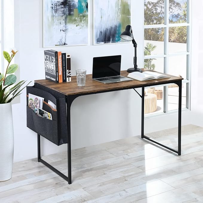 Homy Casa Inc 47 inch Study Storage Bag Space Saving for Home Office, Modern Simple Style PC, Black Metal Frame Computer Desk, Writing Table, Brown