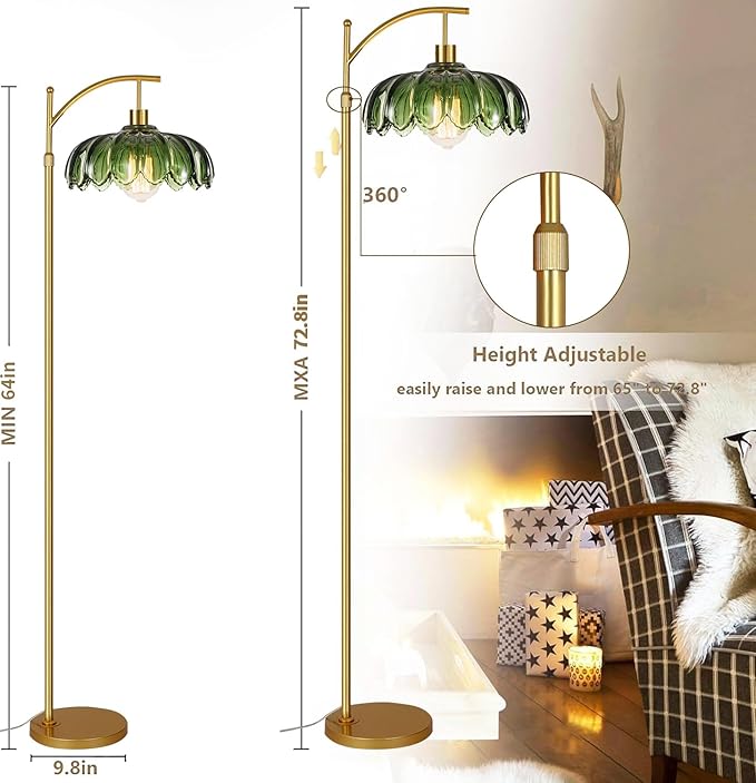Floor Lamp for Living Room Bedroom,Gold Dimmable Standing Lamp with Remote,Mid Century Modern Brass Tall Lamp Vintage Green Glass Lamp Floor Light,Arc Unique Floor Lamps for Office Corner