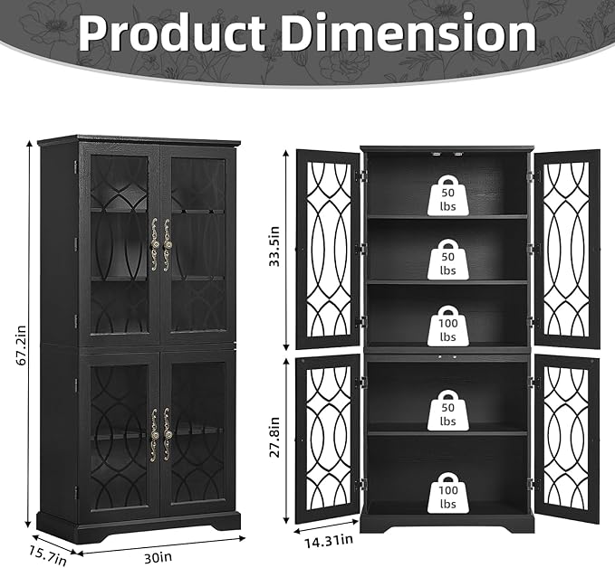 67" Tall Bookshelf, Rustic Book Shelf w/Vintage Pattern Tempered Glass Doors, 5-Tier Wood Bookcase with Adjustable Storage Shelves, Retro Curio Display Cabinet for Living Room, Black