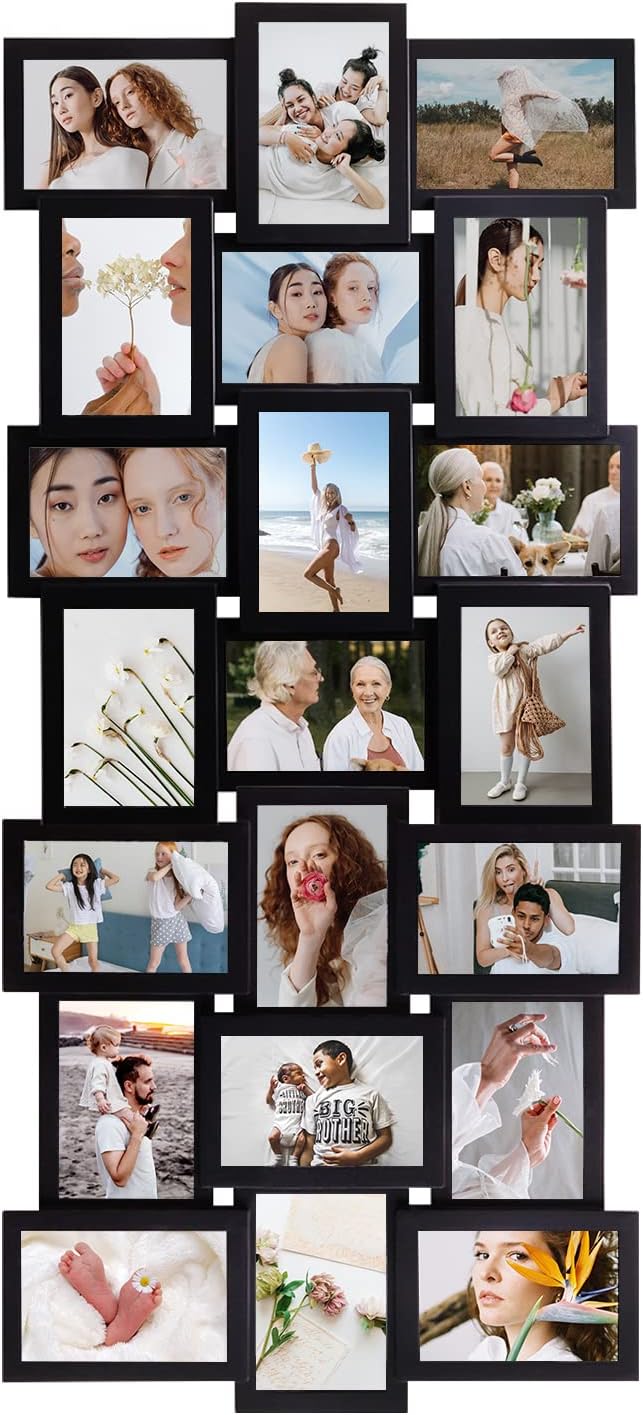 J.M.Deco Collage Picture Frames Wall Deacor, 21-Opening Large Family Picture Frame, Memory Photo Frames for Homie, Gallery Puzzle Collage Wall Hanging for 4x6, Black