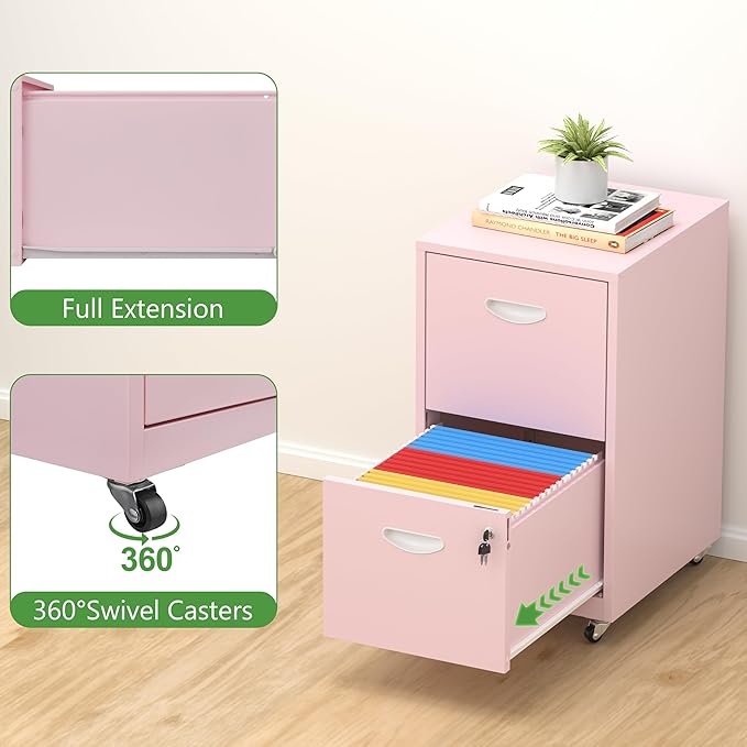2 Drawer Rolling File Cabinet with Lock,Filing Cabinets for Home Office,Two Drawer File Cabinet, Mobile Under Desk File Cabinets,Printer Stand with Wheels Fit Letter/A4,Assembly Required