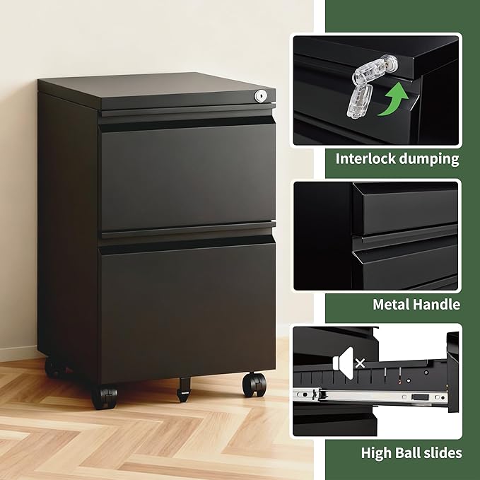 2 Drawer File Cabinet with Lock,Rolling Filing Cabinet with Wheels for Home Office,Under Desk Metal File Cabinet,Office Storage Organizer,Black