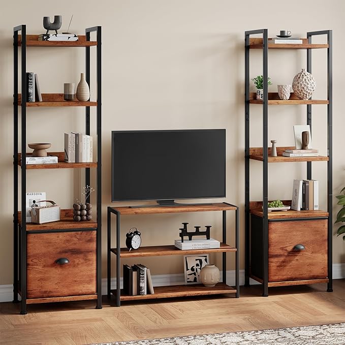 DUMOS 5 Tier Bookshelf, Bookcase with Fabric Drawer, Multi-Functional Display Standing Shelf for CDs/Books/Movies, Wood and Metal Storage Organizer in Bedroom, Living Room and Closet, Rustic Brown