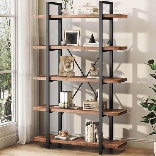 HSH 5 Tier Solid Wood Bookshelf, Natural Real Wood Bookcase, Industrial Rustic Vintage Etagere Bookshelf, Open Metal Farmhouse Solid Wooden Book Shelf, Distressed Brown