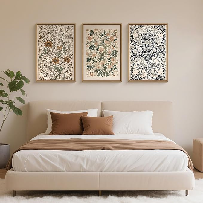 Large Abstract Vintage Flower Framed Canvas Wall Art,Antique Botanical Wall Decor,Neutral Bouquet Wall Painting,Aesthetic Floral Artwork for Living Room,Bedroom,Dining Room,Office -16"x24"x3