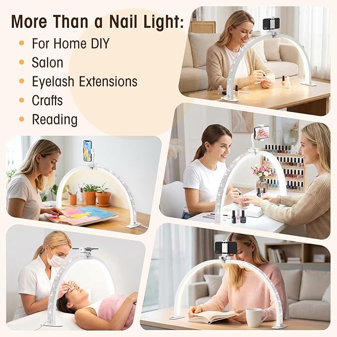 LIONVISON Half Moon Light for Desk: 29" Foldable Nail Light for Desk with Phone Holder - 3000K-6500K 3 Color Modes 10 Brightness for Salon Nail Technicians & Home DIY Manicure Enthusiasts (Diamond)