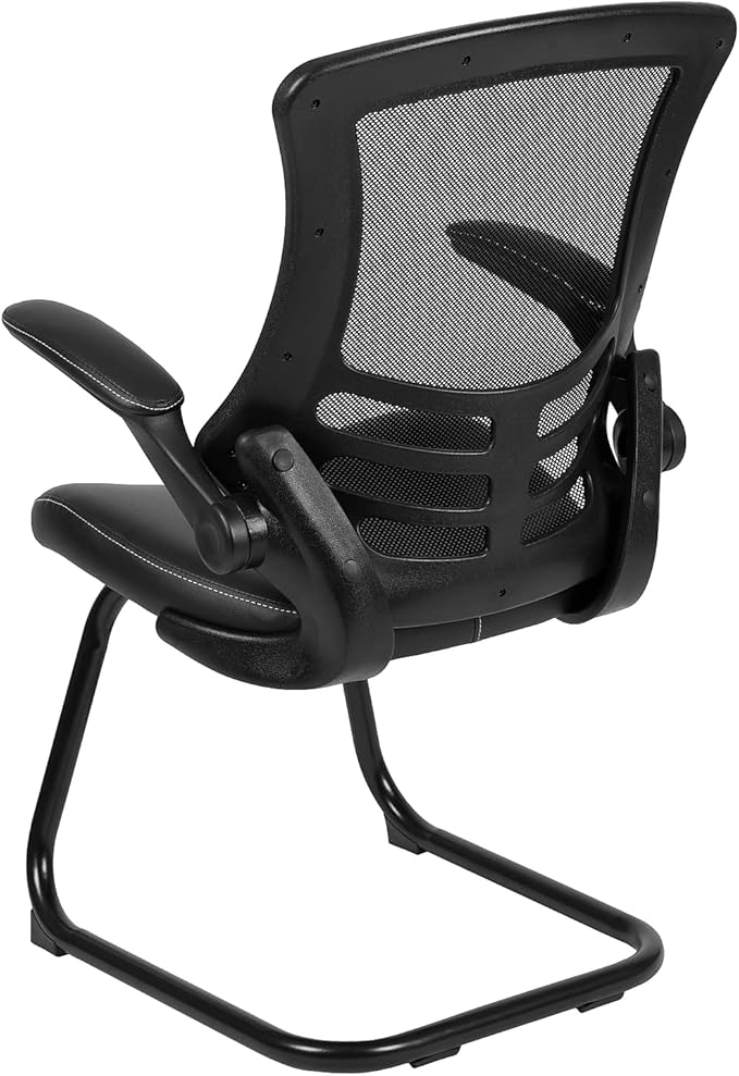 Flash Furniture Kelista Black Mesh Sled Base Side Reception Chair with White Stitched LeatherSoft Seat and Flip-Up Arms