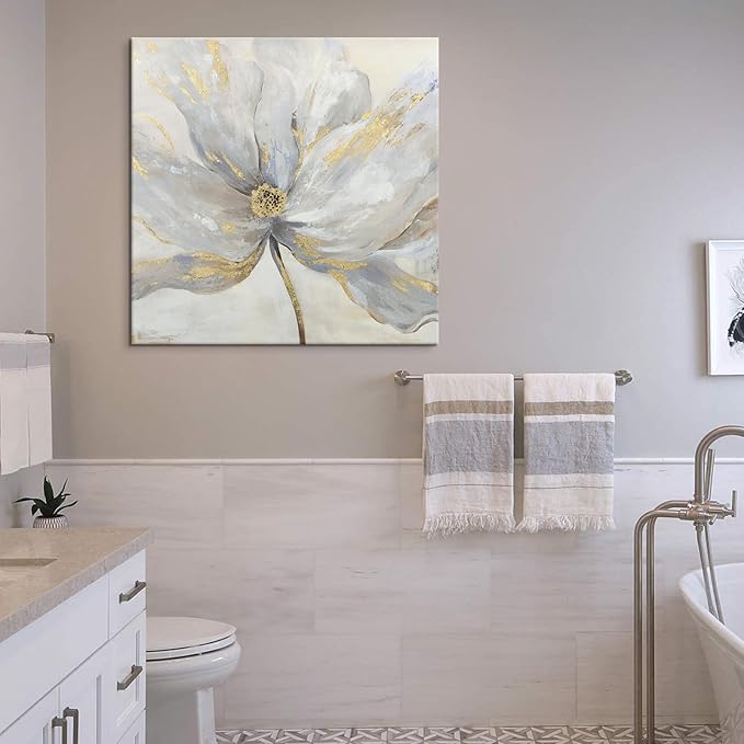 Goldfoilart Floral Wall Art Gold Flower Canvas Pictures with Foil Embellishment Painting Grey Print Framed Artwork for Bedroom Bathroom Living Room Office Wall Decor 24" x 24"