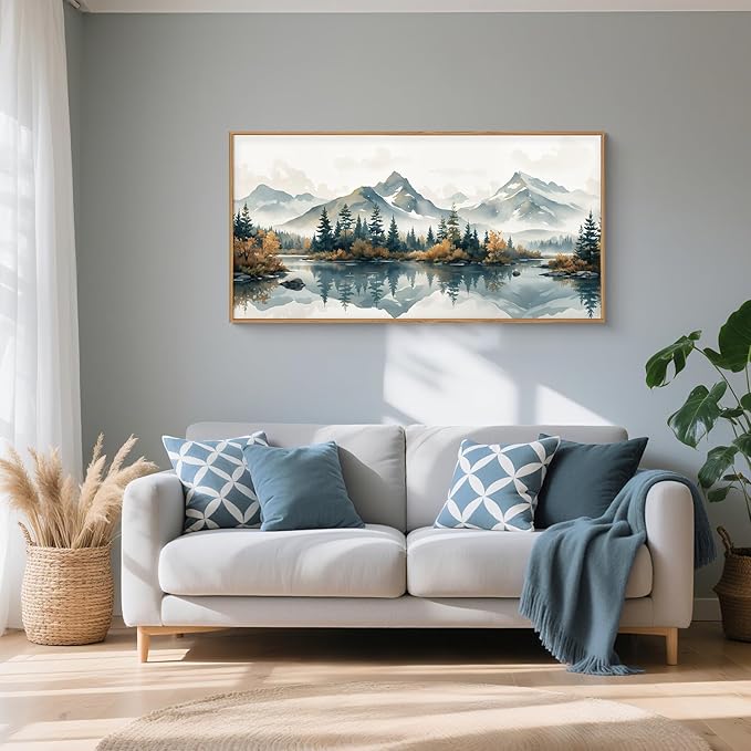 HLNIUC Large White Mountain Horizontal Wall Art Framed, Long Snowy Green Forest Decor(20"x40"), Watercolor Winter Nature Prints, Foggy Lake Landscape Canvas Painting for Living Room, Bedroom, Office