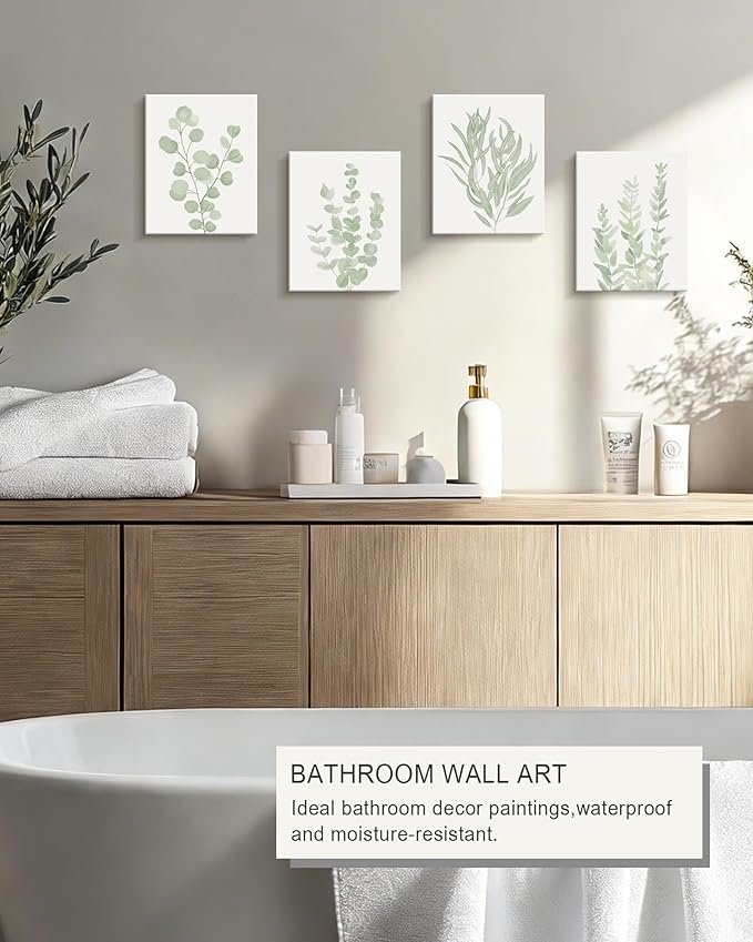 FRAMED Botanical Plant Canvas Wall Art,Boho Plant Wall Decor for Bedroom,Minimalist Floral Prints for Living Room,Light Green Botanical Art Painting for Office,Set of 4,8”x 10”