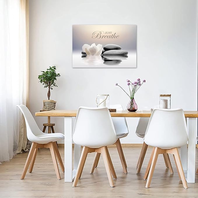Zen Stone Canvas Wall Art Just Breathe Yoga Quotes Poster for Spa Decor White Lotus Flower Pictures Prints for Bathroom Modern Spiritual Artwork Framed (28 x 44inches)