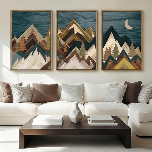 BINCUE Framed Mountain Wall Art,Neutral Landscape Canvas Wall Art,Blue Boho Mountain Artwork Woodcut,Modern Forest Moon Nature Painting for Home Bedroom Living Room Office 16x24 Inches Set of 3