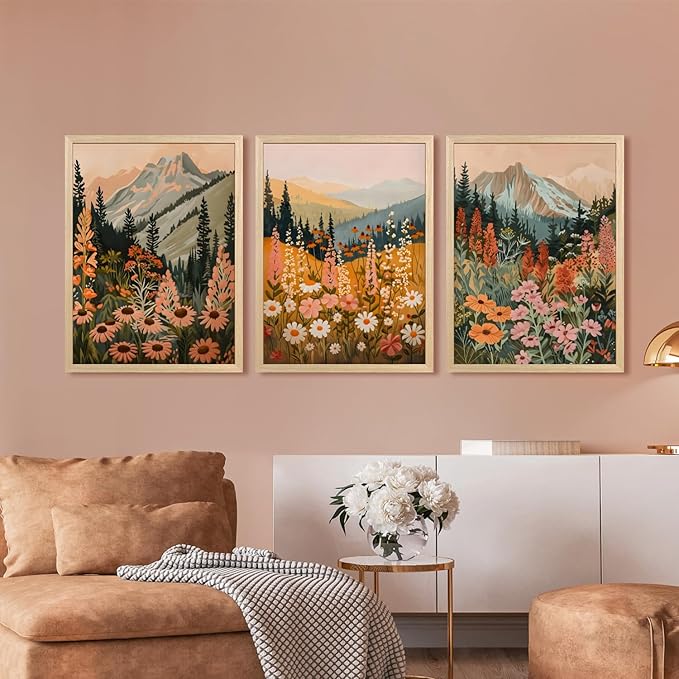 Hianan Boho Daisy Sunset Wall Art, Colorful Mountain Wildflower Wall Decor, Vintage Wildflower Canvas Painting, Modern Botanical Flower Aesthetic Picture for Bedroom Living Room Wood Framed 16"x24"x3