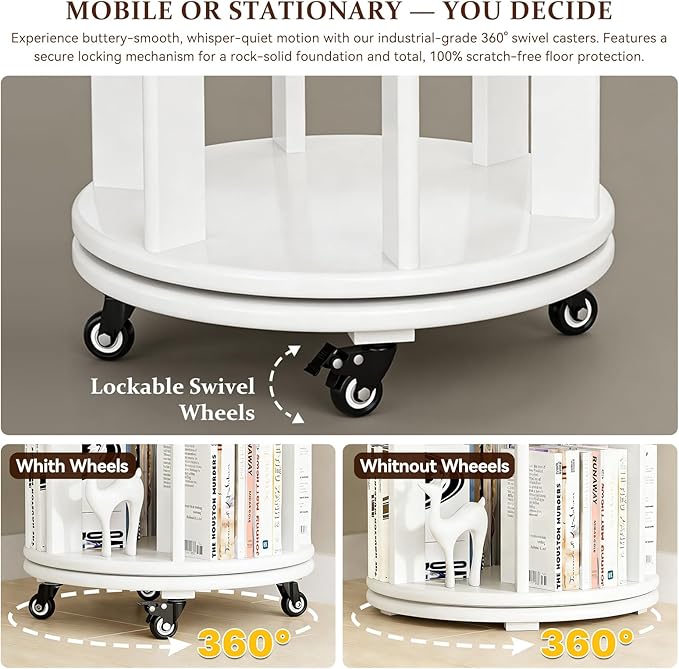 Rotating Bookshelf Tower with Wheels, 6 Tier Walnut Wood Round Spinning Bookshelf Tower, 360° Revolving Bookcase Rolling for Kids Adult, Rotation Book Shelf for Bedroom, Living, Office, Corner, White