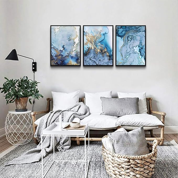 Black Framed Wall Art For Living Room Large Wall Decor For Office Bedroom Wall Decorations Minimalist Abstract Paintings blue Watercolor Wall Pictures Artwork Home Decor 3 Piece Framed Prints Art