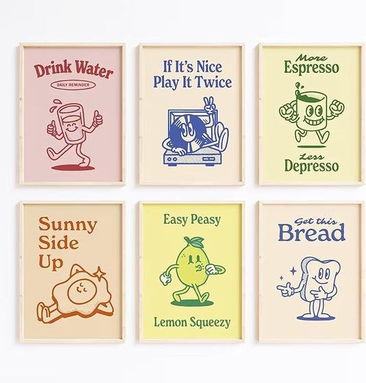Retro Trendy Wall Art Decor Kitchen Aesthetic Canvas Wall Art Vintage Cute Pictures Funny Green Posters Retro Pink Prints Vintage Gallery Painting Funky Artwork for Room 8x10 Inch Unframed Set of 6
