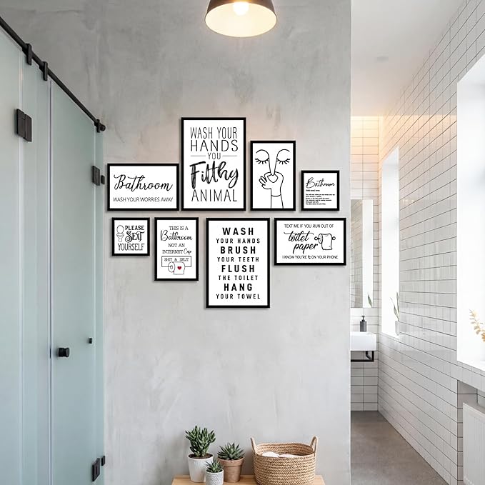 Faccito 8 Set Bathroom Wall Decor Funny Quotes Bathroom Wall Art Interesting Bad Smell Humorous Toilet Wooden Decoration Black and White Funny Art Signs for Washroom