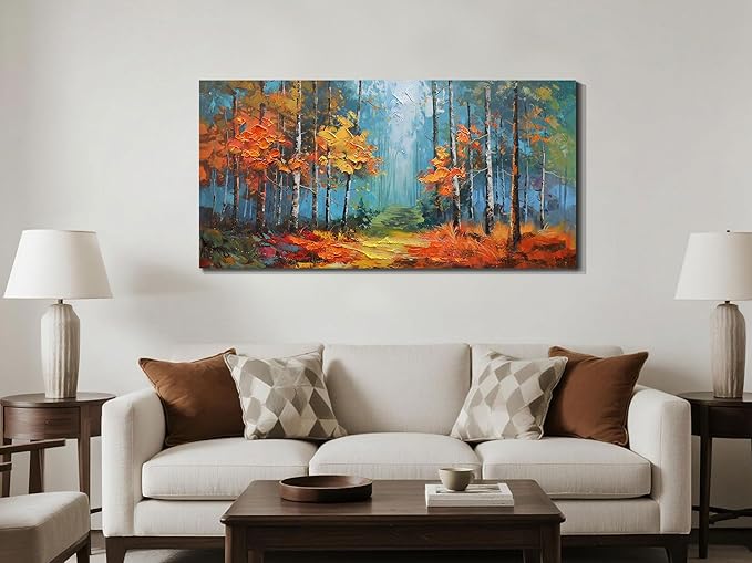 Arjun Nature Wall Art for Living Room, Landcape Canvas Forest Painting for Bedroom, Framed Textured Reddish Artwork Large Picture Dining Room Kitchen Home Office Wall Decor 48"x24"