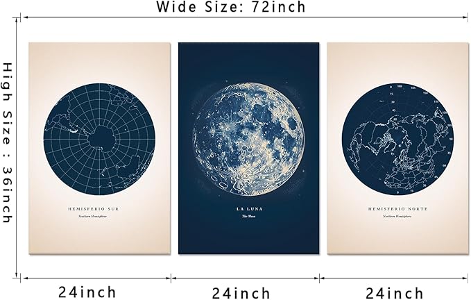 3 Piece Astronomy Wall Art - Star Map Canvas Painting Moon Wall Decor Navy Blue Constellation Picture Lunar Phases Prints Poster for Bedroom Bathroom Office Stretched Framed Ready to Hang 24"x36"x3Pcs