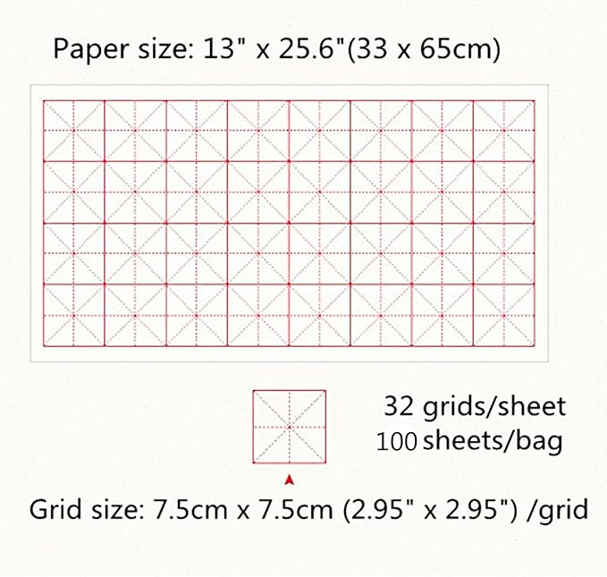 MEGREZ Chinese Calligraphy Xuan Paper Brush Writing Sumi Paper Xuan Paper Rice Paper with Grids for Students, Beginners Practice Kanji Japanese Calligraphy, 100 Sheets/Pack, 7.5cm/Grid
