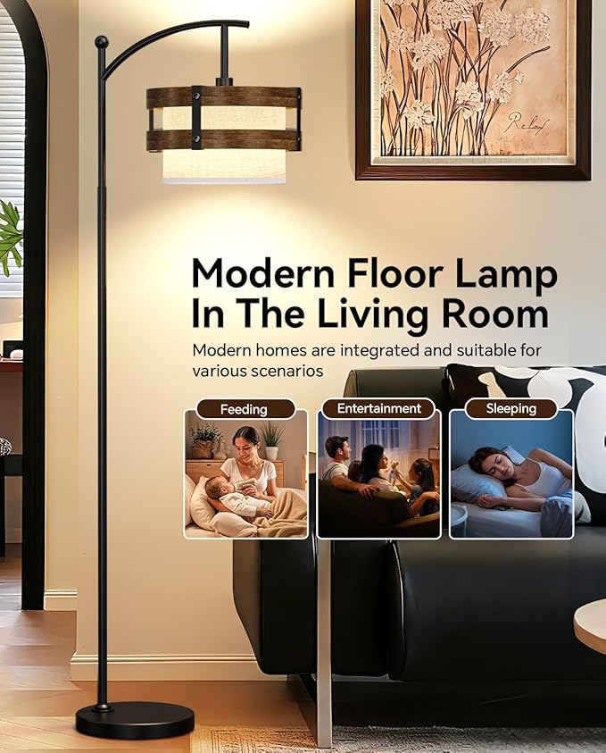 67" Industrial Floor Lamp with Wood & Black Metal Shade, Modern Standing Lamp, Rustic Farmhouse Tall Lamp for Living Room Bedroom Office, 2700K Bulb & Foot Switch Included (Black+ Wood -FL-2529)