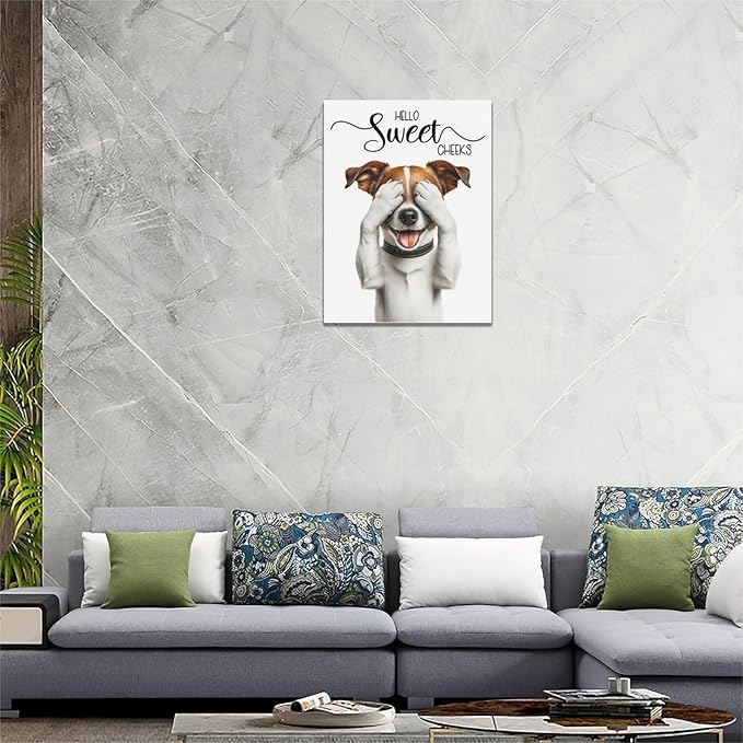 Bathroom Dog Wall Art Funny Dog Pictures Wall Decor Hello Sweet Cheeks Toilet Bathroom Canvas Painting Home Modern Artwork Decorations Framed for Restroom 12 x 16 inch