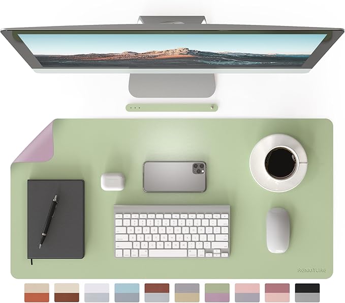 RENMTURE Double-Sided Two-Tone Faux Leather Desk mat Desktop Organization and Accessories Home and Office Large Mouse pad Game and Work (Matcha Green/Lavender Purple, 32"x16")