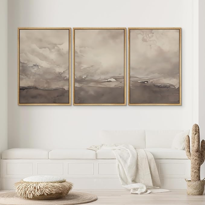 SIGNWIN Framed Canvas Print Wall Art Set Neutral Cloudy Sky Landscape Soft Beige and Taupe Illustrations Modern Art Decorative Relax/Zen Nordic for Living Room, Bedroom, Office - 24"x36"x3 Natural