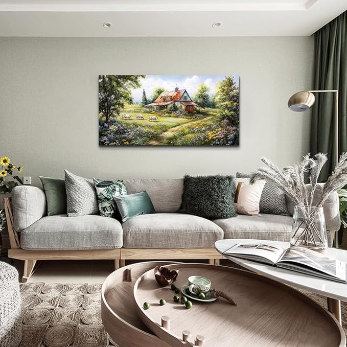 QIYILEXWART Canvas Wall Art For Living Room Wall Decor For Bedroom Office Wall Decorations Modern Grassland Paintings The Hut Pictures Artwork Room Aesthetic Home Decor Ready To Hang