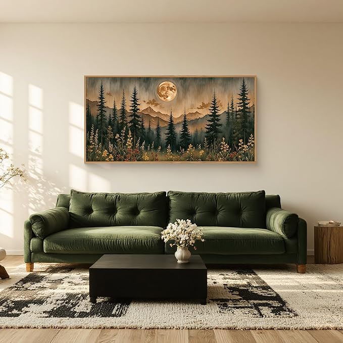 HOURIA Vintage Boho Nature Moonlight Forest Mountain Framed Canvas Wall Art Set,Wilderness Dark Moon Woodland Floral Decor,Retro Wildflower Field Landscape Artwork for Living Room,Farmhouse- 20"x40"x1