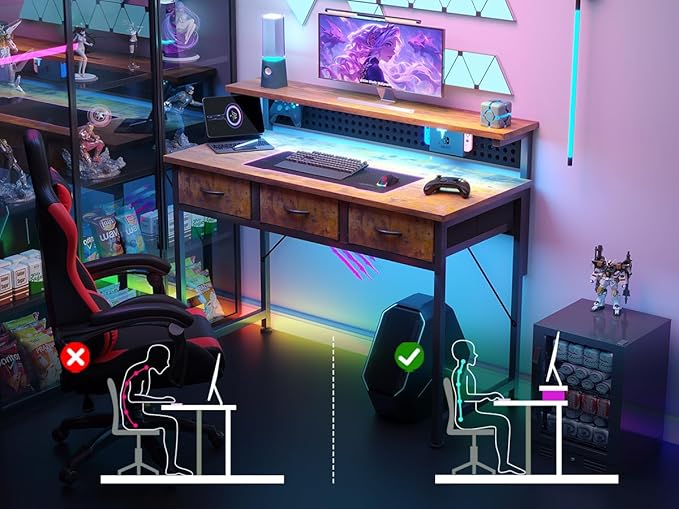 MUTUN Computer Desk with Drawers, 40 Inch Computer Desk with Power Outlet & LED Light, Gaming Desk with Adjustable Monitor Stand & Pegboard, Modern PC Study Writing Table for Bedroom, Rustic Brown